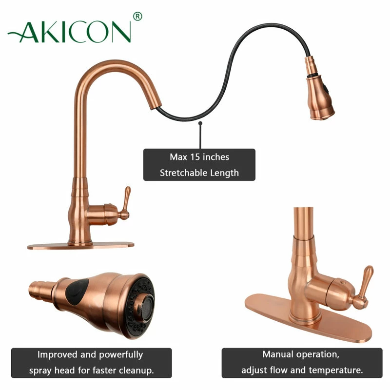Outlet ๐ Akicon Copper Pull Down Kitchen Faucet, Single Level Solid Brass Kitchen Sink Faucets โ - Image 7