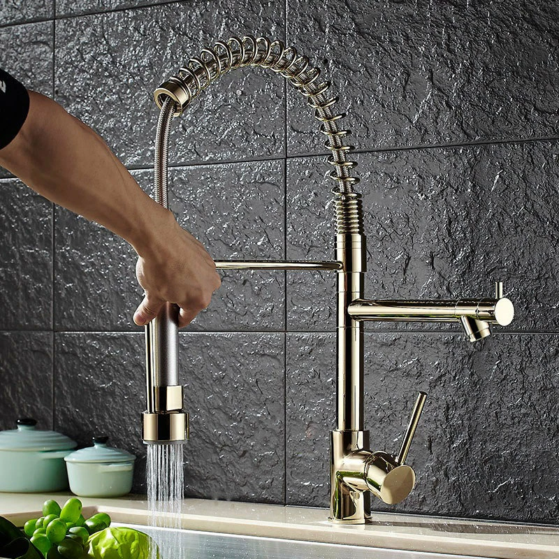 Buy 🔔 Homary Single Hole Pull Out Spring Sprayer Dual Spout Kitchen Faucet Brass In Gold ⭐ - Image 2
