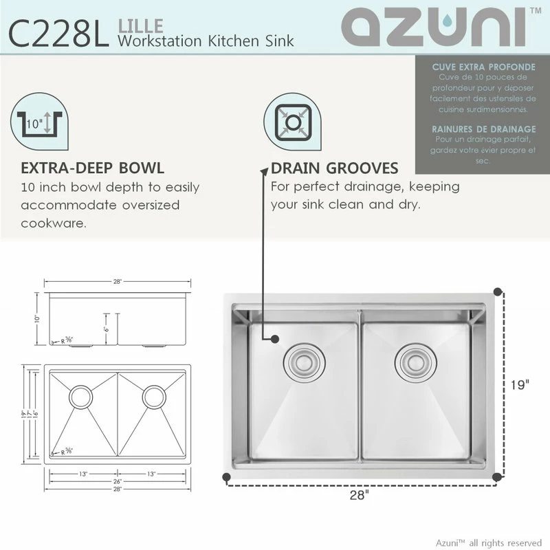 Outlet ⌛ Azuni 28 Inches Undermount Double Bowl Stianless Steel Workstation Kitchen Sink 🛒 - Image 7