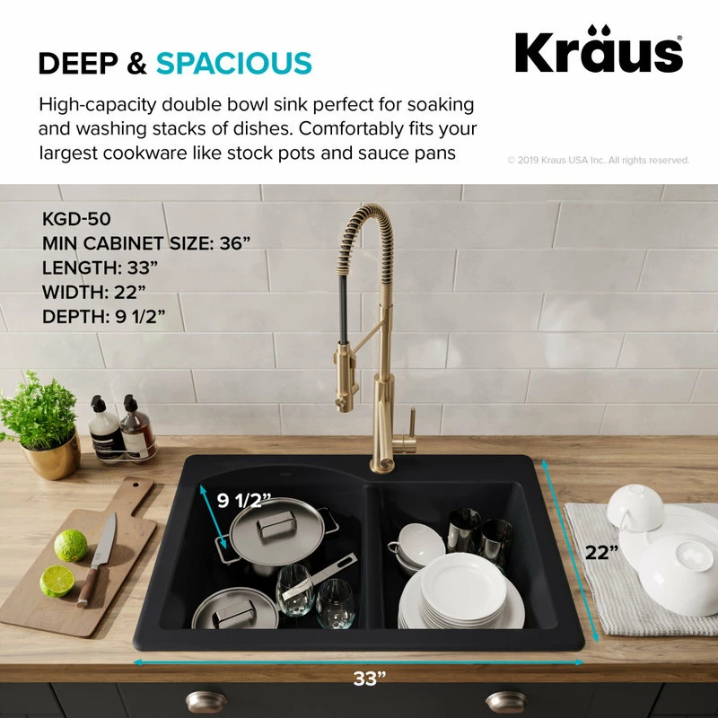 Wholesale 🥰 Kraus USA, Inc. Forteza 33" Drop-In Undermount Granite Composite 60/40 Kitchen Sink, Black 🎁 - Image 4