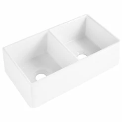 New 🥰 SINKOLOGY Austen 33" Farmhouse Fireclay Double Bowl Kitchen Sink, Crisp White And Care Kit ✔️