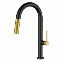 Promo 🎉 Fine Fixtures Pull Down Single Handle Kitchen Faucet, Black/Satin Brass 😀