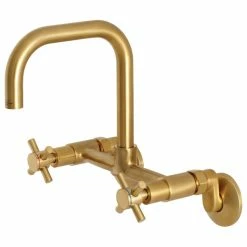 Best Sale ⌛ Kingston Brass 8" Adjustable Center Wall Mount Kitchen Faucet, Brushed Brass 🎉
