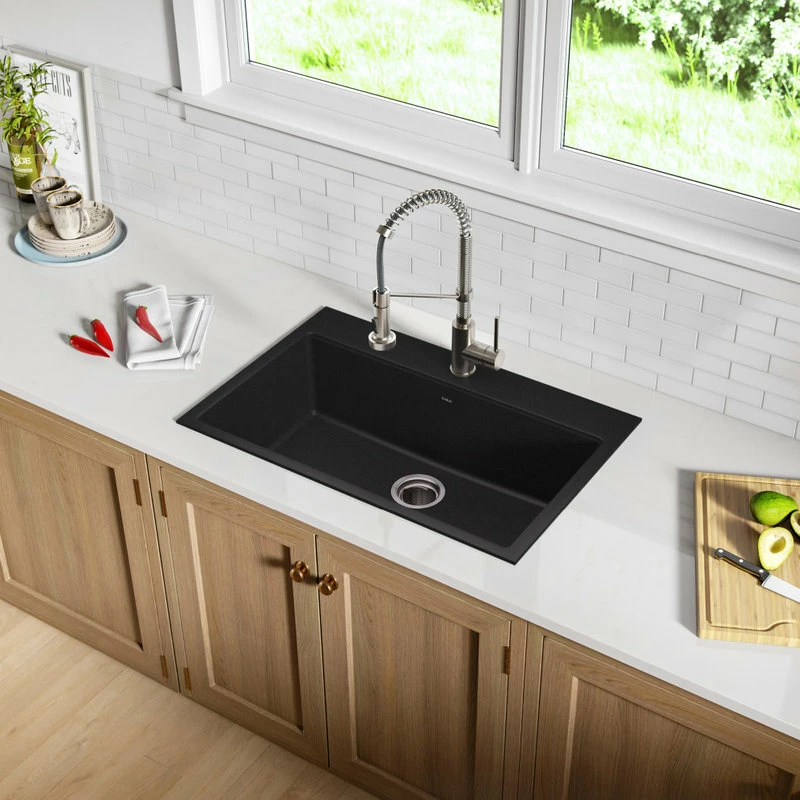 Outlet 👍 Kraus USA, Inc. 31" Drop-In Undermount Granite Composite Single Bowl Kitchen Sink, Black 😉 - Image 9