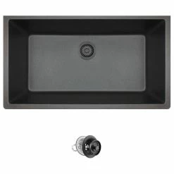 Outlet โค๏ธ MR Direct Sinks And Faucets 848 Large Single Bowl Quartz Kitchen Sink, Black, Colored Strainer ๐
