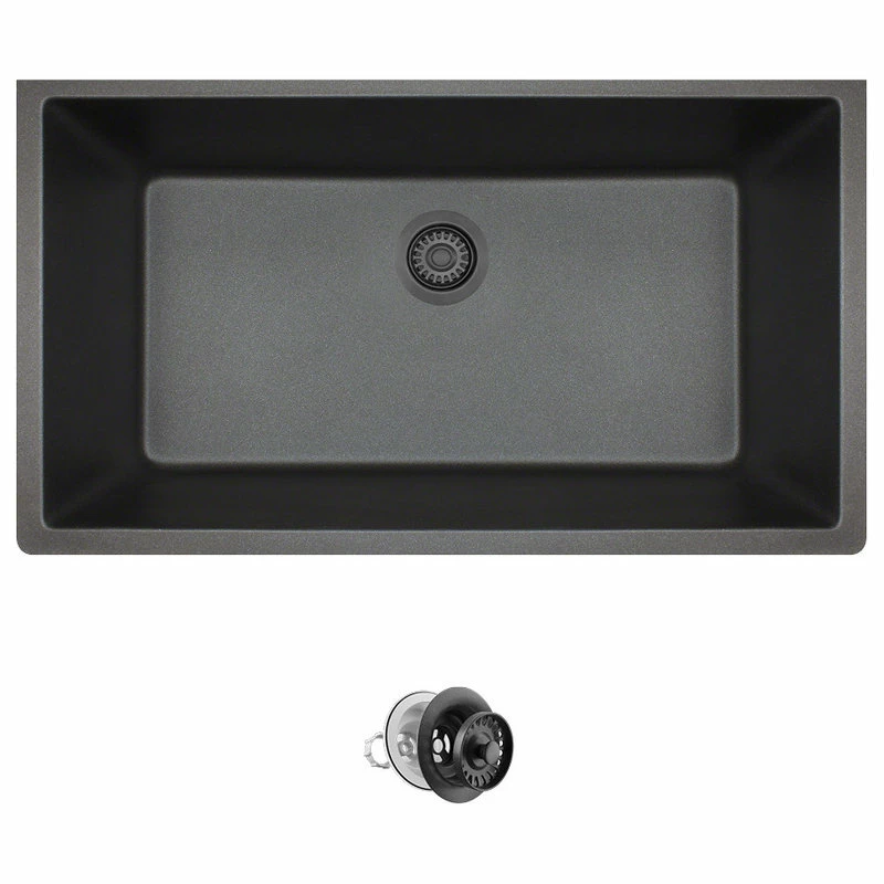 Outlet ❤️ MR Direct Sinks And Faucets 848 Large Single Bowl Quartz Kitchen Sink, Black, Colored Strainer 😉