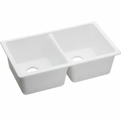 New ⌛ Elkay Quartz Classic Equal Double Bowl Undermount Sink, White 👍