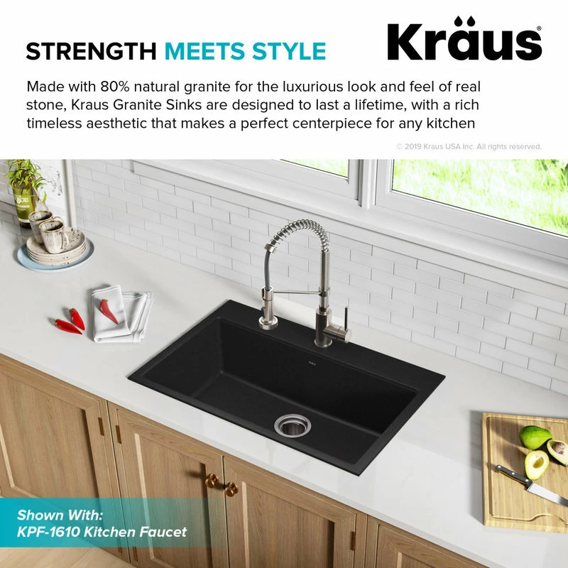 Outlet 👍 Kraus USA, Inc. 31" Drop-In Undermount Granite Composite Single Bowl Kitchen Sink, Black 😉 - Image 3