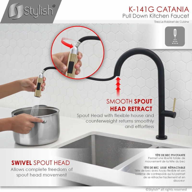 Discount 😀 Stylish Single Handle Pull Down Sprayer Kitchen Faucet In Matte Black/Gold Finish 🎁 - Image 7