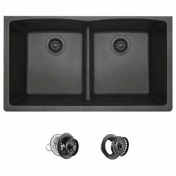 Deals 🧨 MR Direct Sinks And Faucets 812 Low-Divide Double Bowl Kitchen Sink, Black, Colored Strainer/Flange ✨