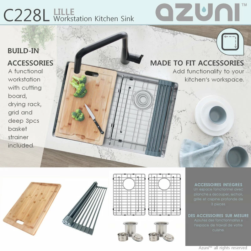 Outlet ⌛ Azuni 28 Inches Undermount Double Bowl Stianless Steel Workstation Kitchen Sink 🛒 - Image 4
