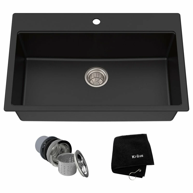Outlet 👍 Kraus USA, Inc. 31" Drop-In Undermount Granite Composite Single Bowl Kitchen Sink, Black 😉