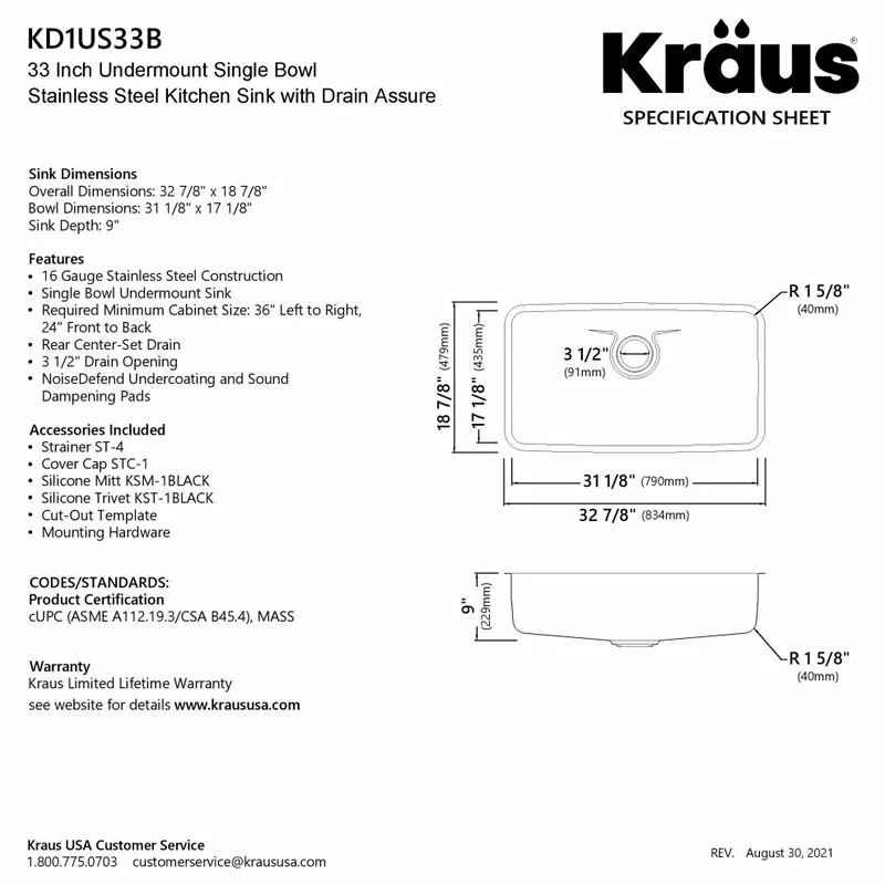 Outlet ❤️ Kraus USA, Inc. Dex 33" Undermount Stainless Steel 1-Bowl 16 Gauge Kitchen Sink 🧨 - Image 15