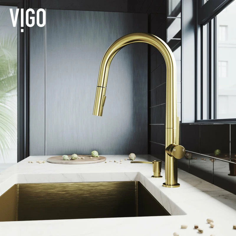 Promo 🥰 VIGO Greenwich Pull-Down Kitchen Faucet With Soap Dispenser, Matte Brushed Gold 👏 - Image 8