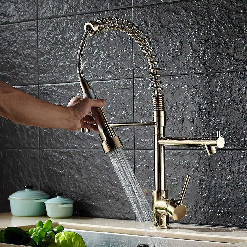 Buy 🔔 Homary Single Hole Pull Out Spring Sprayer Dual Spout Kitchen Faucet Brass In Gold ⭐ - Image 3