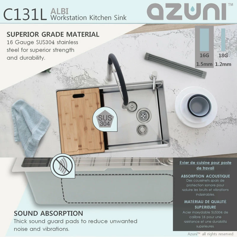 Deals 🎉 Azuni 30"L X 19"L Single Bowl Undermount 16G Reversible Workstation Kitchen Sink ⭐ - Image 4