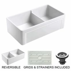 Coupon ❤️ Empire Industries Inc. Olde London Reversible Farmhouse 55/45 Double Bowl Sink, Grid, Strainer, 33" 👍