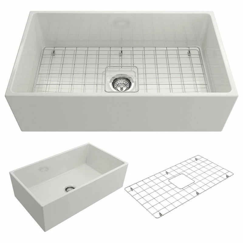 Cheap ✔️ BOCCHI USA Contempo Farmhouse Kitchen Sink With Grid And Strainer, 33", White 🎉