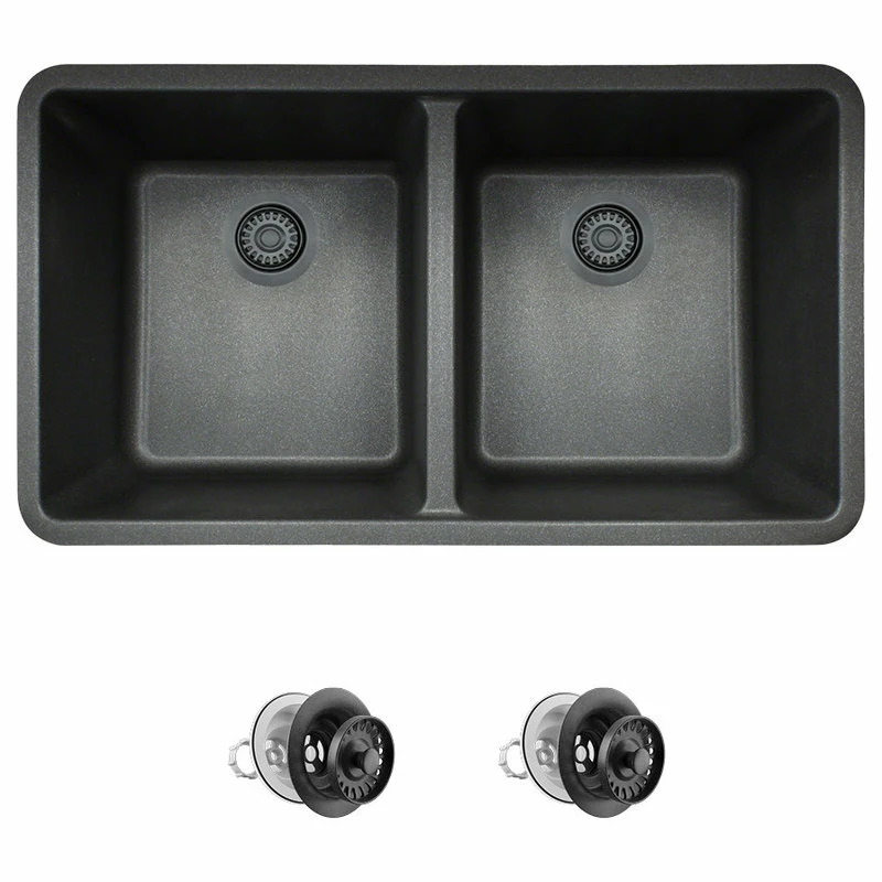 Top 10 🔥 MR Direct Sinks And Faucets 802 Double Equal Bowl Quartz Kitchen Sink, Black, Colored Strainers 👏