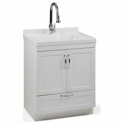 Outlet ⌛ Simpli Home Ltd. Maile 28 Inch Laundry Cabinet With Pull-out Faucet And ABS Sink 👏