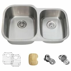 New 💯 MR Direct Sinks And Faucets 503 Offset Double Bowl Stainless Steel Sink, 16-Gauge, Wide Left, Ensemble ✔️
