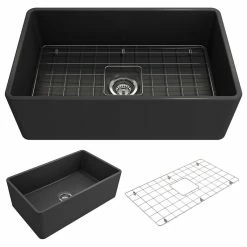 Best deal 🔥 BOCCHI USA Classico Farmhouse Kitchen Sink With Grid And Strainer, 30", Matte Dark Gray 🔔