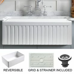 Discount ⭐ Empire Industries Inc. Sutton Place Reversible Farmhouse Single Bowl Kitchen Sink, Grid, Strainer, 27" 😍