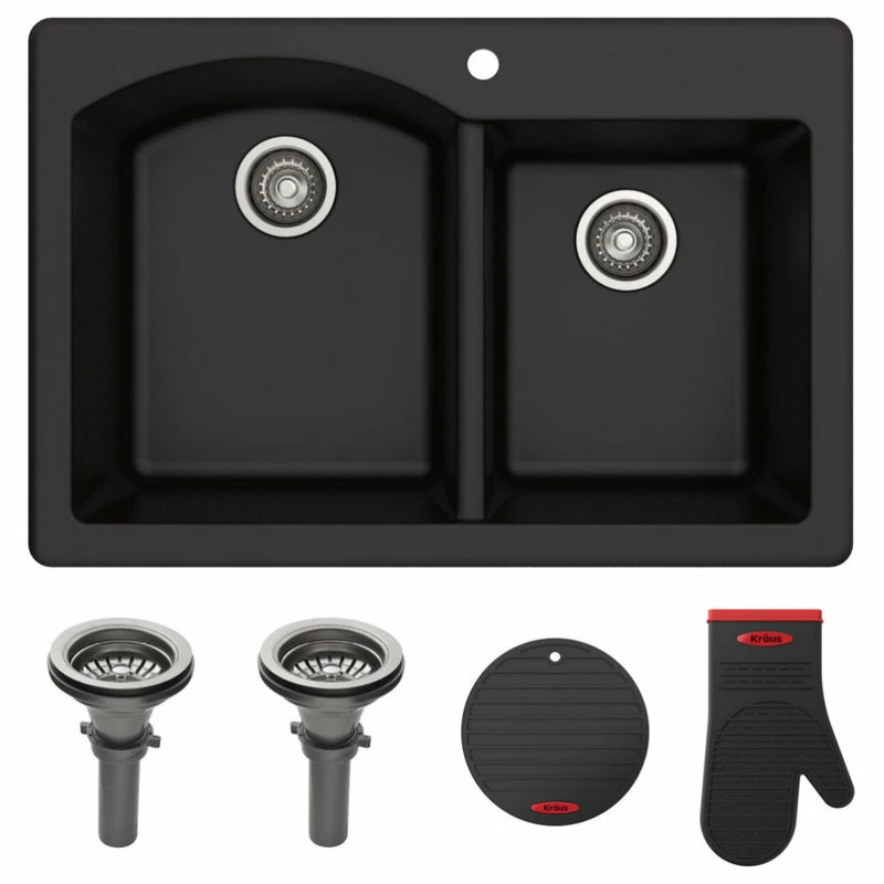 Wholesale 🥰 Kraus USA, Inc. Forteza 33" Drop-In Undermount Granite Composite 60/40 Kitchen Sink, Black 🎁