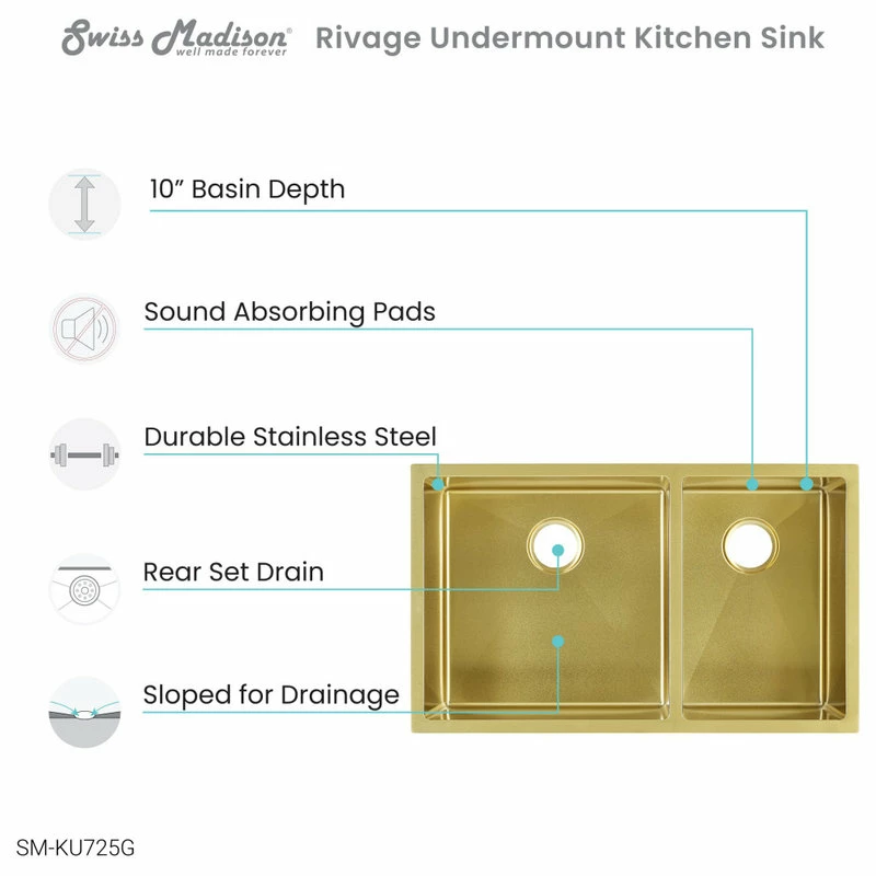 Brand new 💯 Swiss Madison Rivage 33"x20" Stainless Steel, Dual Basin, Undermount Kitchen Sink, Gold 🎁 - Image 5