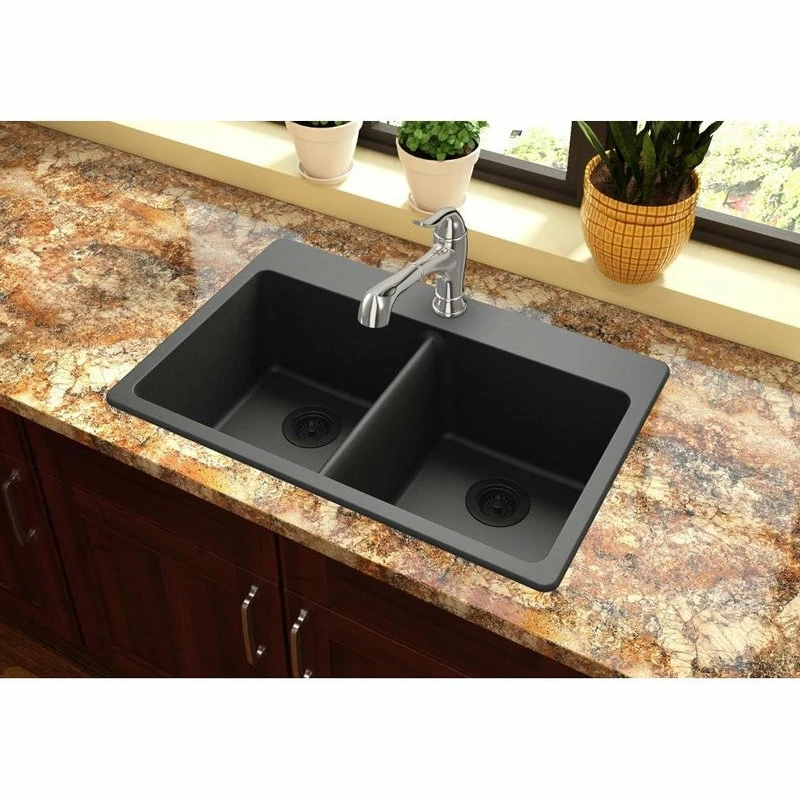 Budget β€οΈ Elkay Quartz Classic 33" X 22" X 9-1/2", Equal Double Bowl Top Mount Sink, Black π - Image 2