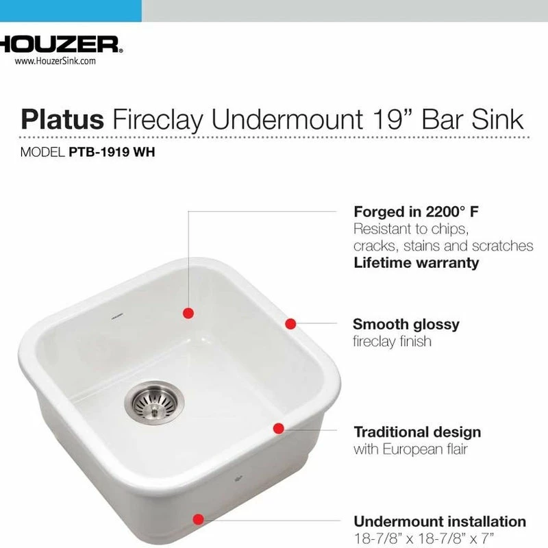 Best reviews of ⌛ Houzer Inc. Platus Fireclay Undermount 19" Square Bar Sink, White 👍 - Image 4