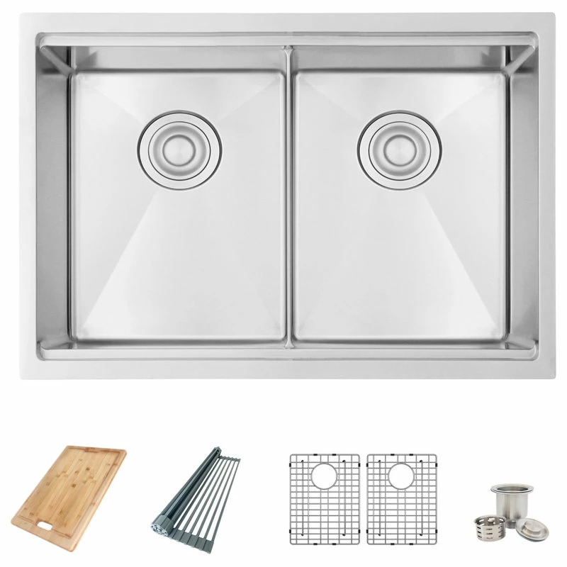 Outlet ⌛ Azuni 28 Inches Undermount Double Bowl Stianless Steel Workstation Kitchen Sink 🛒
