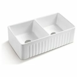 Discount 😉 Unbranded 33" White Fireclay Double Basin Farmhouse Kitchen Sink-Reversible Design 👏
