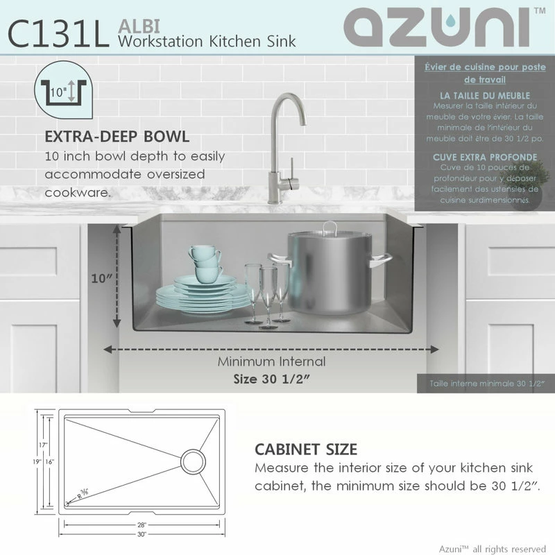 Deals 🎉 Azuni 30"L X 19"L Single Bowl Undermount 16G Reversible Workstation Kitchen Sink ⭐ - Image 8