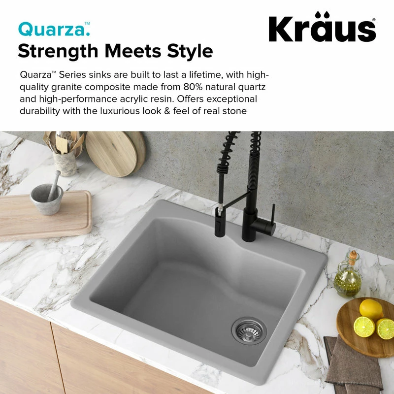 Cheap 😍 Kraus USA, Inc. Quarza 25" Drop-In Undermount Granite Composite 1-Bowl Kitchen Sink, Grey 😉 - Image 4