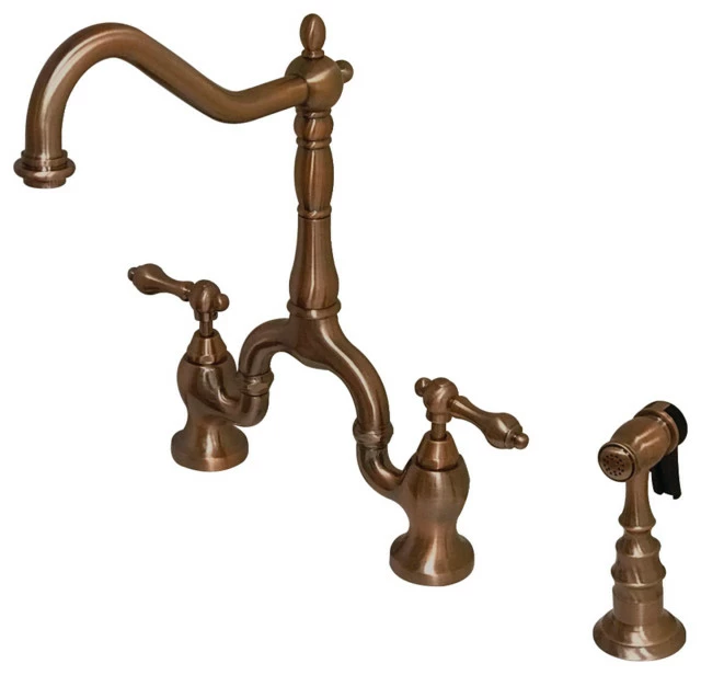 Cheapest ❤️ Kingston Brass KS775ALBSAC Country Kitchen Bridge Faucet With Brass Sprayer, Antique Copper ✨